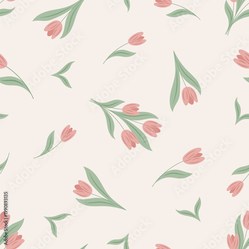 Seamless Tulip Pattern, Pink Floral Background, Elegant Minimal Botanical Design, Soft Pastel Flowers