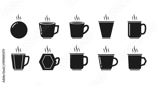 Set of ten black silhouette icons representing various shapes and styles of steaming hot drink mugs suitable for web or print use