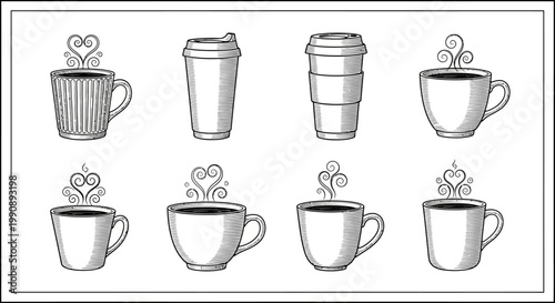 Set of diverse coffee cups and take away containers in line art style for cafe and beverage branding vector graphics