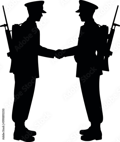 Two soldiers in formal uniforms shaking hands in a respectful gesture