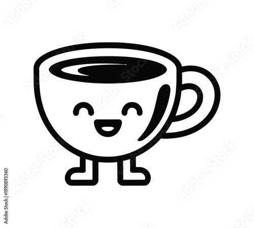 Cute coffee cup character vector illustration, smiling mug with little legs for cafe logo, branding, mascot design, and playful beverage graphics