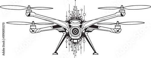 Black geometric octocopter drone silhouette with eight rotors and central camera