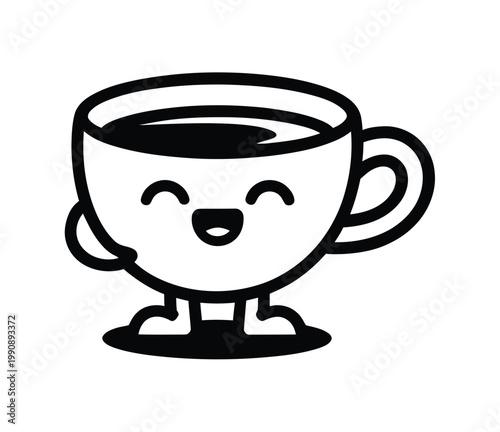 Cute coffee cup character vector illustration, smiling mug with little legs for cafe logo, branding, mascot design, and playful beverage graphics