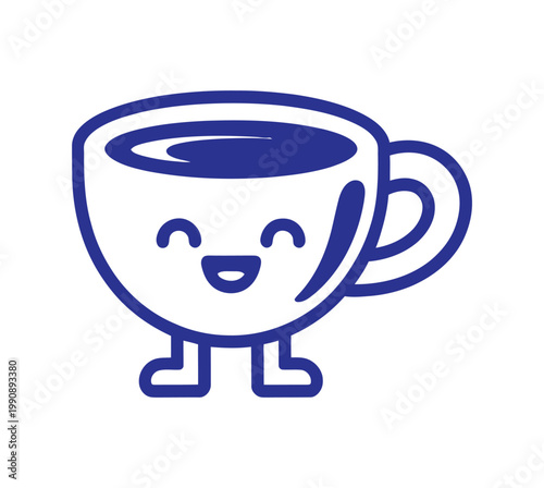Cute coffee cup character vector illustration, smiling mug with little legs for cafe logo, branding, mascot design, and playful beverage graphics