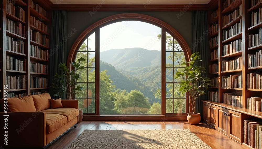 Naklejka premium Cozy library room with wood bookshelves. Large arched window shows mountain hills green trees outside. Orange sofa sits on rug near floor to ceiling book shelves. Relaxing interior scene.