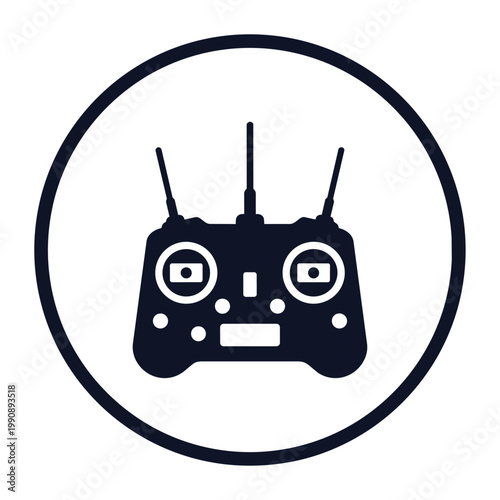 A black and white icon of a remote controller in a circle with antennas and joysticks.