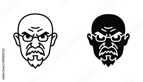 Outline and solid black vector icons of a stern man's face with glasses and a goatee beard symbolizing authority or intellect on a white background