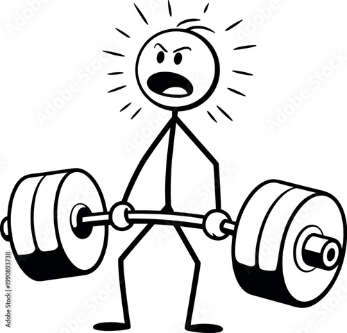 Cartoon character lifting heavy barbell weights with determination