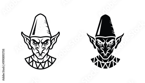 Outline and solid black vector icons of a mischievous goblin or imp creature with pointed ears and a tall hat symbolizing fantasy or trickery on a white background