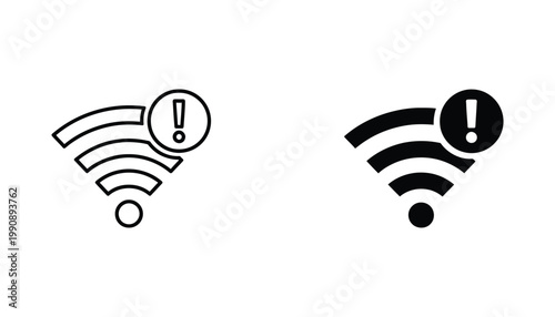 Outline and solid black vector icons indicating WiFi connection issues with a warning exclamation mark symbol on a white background