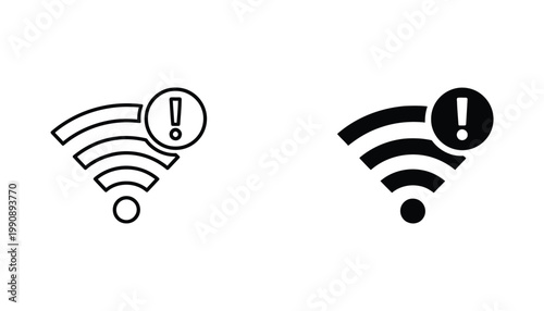 Outline and solid black vector icons indicating WiFi connection issues with a warning exclamation mark symbol on a white background