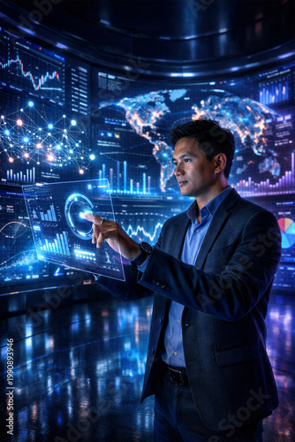 businessman in front of a virtual screen