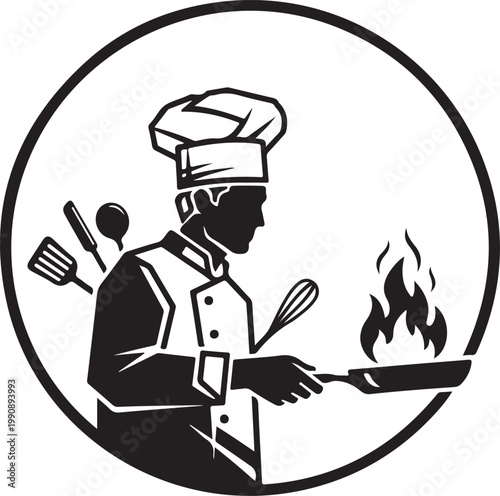 Black line silhouette chef cooking over flames with kitchen utensils