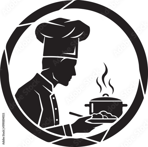 Black line silhouette chef cooking over steaming pot on stove in circular frame