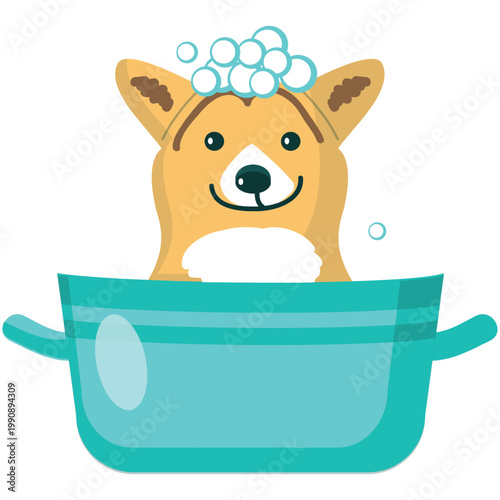 Dog washing in bath vector. Pet grooming cartoon icon. Animal spa. cute puppy in bathtub full of water and shampoo soap bubble isolated on white background. Canine hygiene and care