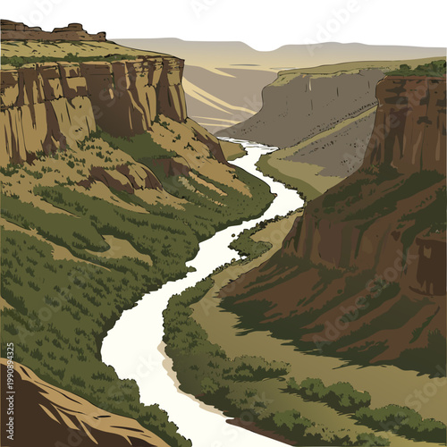 A stylized illustration depicts a winding river flowing through a dramatic canyon landscape with layered rock formations and sparse vegetation high quality
