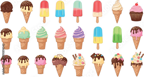 Ice cream desserts vector collection with cones popsicles and cupcakes featuring colorful sweet treats summer food illustration set