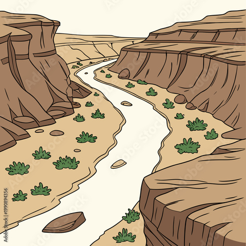 A stylized illustration depicts a winding river flowing through a vast canyon landscape with layered rock formations high quality professional detailed modern