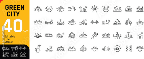 Green city line icons for eco friendly urban living.