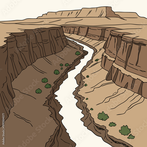 A stylized hand drawn illustration depicts a winding river carving through a dramatic canyon landscape with layered rock formations high quality professional