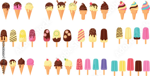Ice cream vector set with cones popsicles and frozen desserts featuring colorful sweet treats summer dessert illustration collection