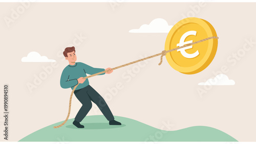 An illustrated individual strains in a tug-of-war with a giant euro coin, illustrating the struggle to reach financial objectives, embodying perseverance and ambition.