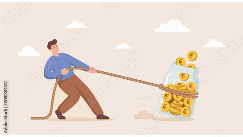 A determined individual battles to secure a jar of gold coins, symbolizing the struggle to obtain or safeguard wealth in a competitive environment. 