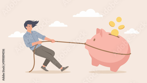 A determined individual pulls a piggy bank, symbolizing the struggle and dedication required to accumulate wealth and secure financial stability.
