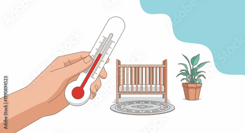 Hand holding a thermometer showing high temperature near a baby crib and a potted plant, indicating heat