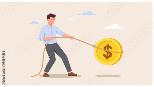 A determined individual strives to secure a substantial financial gain, as he tenaciously pulls a giant coin representing wealth and prosperity.