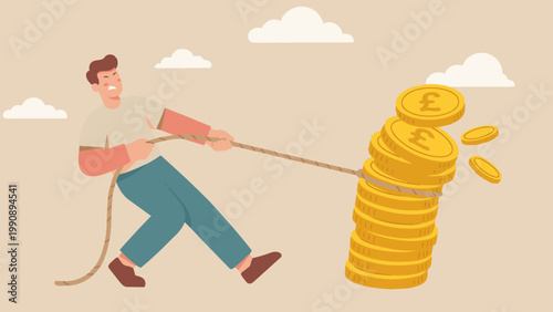 A determined individual strains to pull a towering stack of golden coins, symbolizing the struggle and effort involved in financial pursuits.