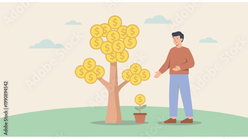 A person observes a money tree, symbolizing financial growth and successful investment strategies, set against a simple backdrop.