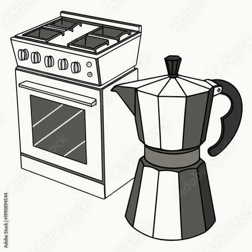 A simplistic black and white illustration depicts a modern kitchen stove and a classic stovetop moka pot side by side high quality