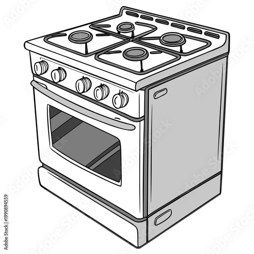 A grayscale illustration depicts a freestanding gas range with four burners oven and control knobs showcasing a typical kitchen appliance high quality