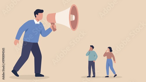  A conceptual illustration depicting a person broadcasting a message through a megaphone towards a pair of attentive listeners.