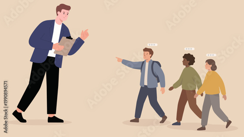 An educator points the way forward for a group of diverse students, symbolizing mentorship and the power of instruction.