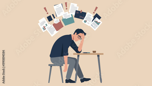 A person appears overwhelmed by a cascade of work, surrounded by floating documents and struggling with the weight of responsibilities. 