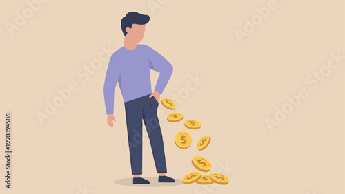 A person stands with an empty pocket, golden coins spilling out, representing the concept of financial loss.