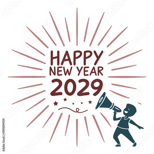 A cheerful illustration announces happy new year 2029 with a megaphone radiating celebratory lines and small star details high quality professional detailed