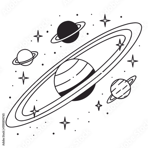 A minimalist black and white illustration depicts several planets each with unique ring systems set against a starry cosmic background high quality