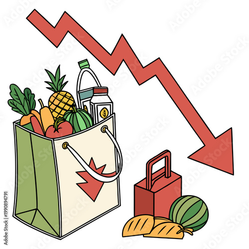 A shopping bag filled with groceries sits beneath a descending red arrow illustrating rising food costs and economic downturn high quality professional