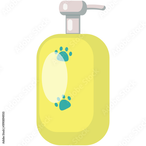 Vector soap bottle. Pet flask with dispenser icon illustration. Dog and cat paw care accessory isolated on white background. Animal grooming and hygiene