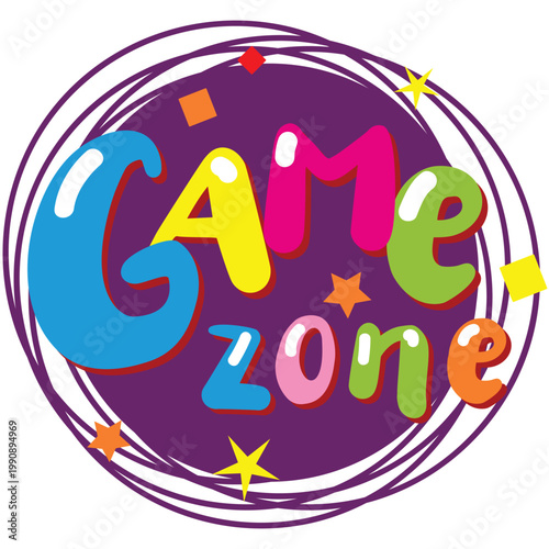 Game zone label vector. Kid party room icon. Child fun area emblem cartoon design. Playground sticker illustration isolated on white background