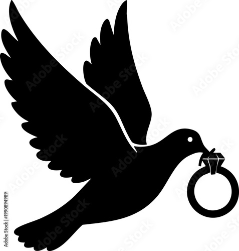 Wedding dove silhouette carrying diamond engagement ring, flying bird of peace with jewelry, romantic marriage proposal vector icon