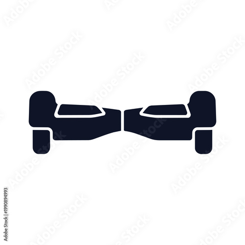 A pair of identical black hoverboards facing each other on a white background with white outlines.