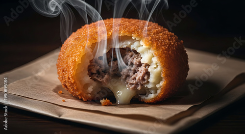 a single, deep-fried korokke (potato croquette) broken open to reveal its creamy, steaming potato and minced meat filling, on a piece of rustic brown packaging paper 