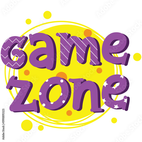Game zone label vector. Child party room icon. Kid fun area, playground for children leisure entertainment and activity badge illustration. Cartoon round shape design isolated on white background