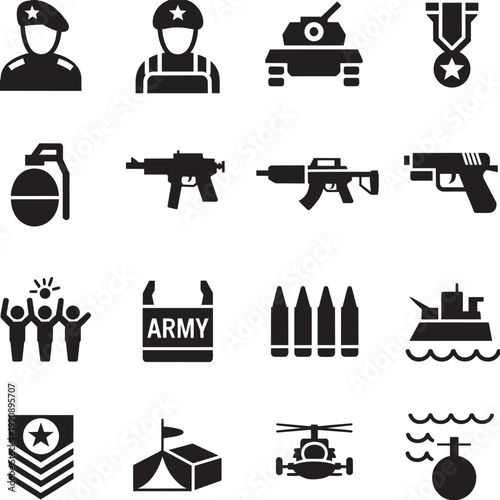 Military Icons Set, Army Symbols Collection, Soldier Weapon Tank Helicopter Vector Icons