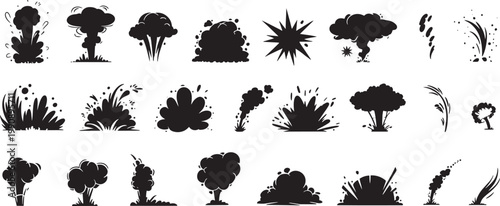 Cartoon explosion effects and smoke clouds silhouette collection set