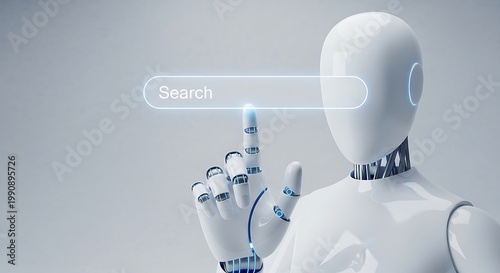 Futuristic robot interaction a white android points towards a search bar representing artificial intelligence and data access